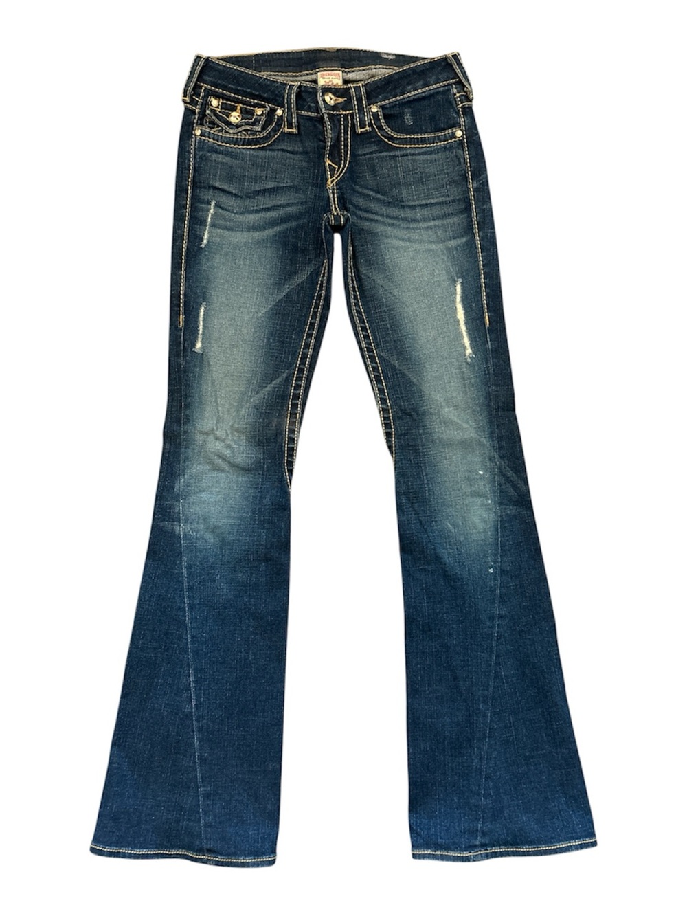 True Religion Joey Flare Jeans Size 27 Made in USA Dark Wash Distressed Denim